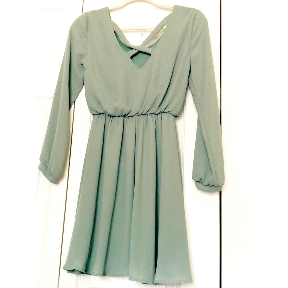 Lush Pale Green LS Silky Dress with Cross Straps in Back